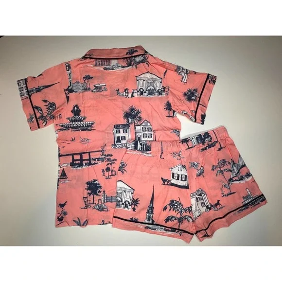 Katie Kime Pajama Set XXS Pink Charleston SC Toile Woven NWOT 2 Piece